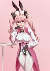 Rule 34 | 1girl, absurdres, akilv, animal ears, black bow, black bowtie, black gloves, bow, bowtie, breasts, brown eyes, buttons, commentary, fake animal ears, fate/grand order, fate (series), finger to mouth, gloves, hair between eyes, hand up, heart, highleg, highleg leotard, highres, koyanskaya (assassin) (second ascension) (fate), koyanskaya (fate), large breasts, leotard, long sleeves, open mouth, pink background, pink hair, playboy bunny, pleated shirt, puffy long sleeves, puffy sleeves, simple background, solo, standing, table, tamamo (fate), thigh gap, tongue, tongue out, traditional bowtie, twintails, white legwear