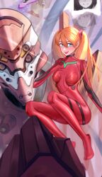 Rule 34 | 1girl, absurdres, artist request, ass, blue eyes, bodysuit, brown hair, eva 02, full body, highres, invisible chair, long hair, looking to the side, mecha, neon genesis evangelion, open mouth, plugsuit, red bodysuit, robot, simple background, sitting, solo, souryuu asuka langley, twintails, very long hair