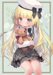 Rule 34 | 1girl, arm support, beret, black bow, blonde hair, blue eyes, blush, bow, center frills, closed mouth, collared shirt, commentary, dress, feet out of frame, floral background, flower, frilled shirt collar, frills, grey dress, hat, highres, hugging object, kneehighs, long hair, long sleeves, original, piyodera mucha, plaid, plaid dress, puffy long sleeves, puffy sleeves, shirt, sitting, sleeveless, sleeveless dress, sleeves past wrists, socks, solo, stuffed animal, stuffed toy, symbol-only commentary, teddy bear, very long hair, white flower, white hat, white shirt, white socks