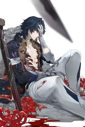 Rule 34 | 1boy, absurdres, bandaged hand, bandages, black jacket, blade (honkai: star rail), blood, blood on clothes, blue hair, blurry, blurry foreground, collarbone, feet out of frame, flower, highres, honkai: star rail, honkai (series), jacket, knee up, long hair, long sleeves, looking at viewer, male focus, open clothes, open jacket, orange eyes, pants, pectorals, penyo1989, planted, planted sword, planted weapon, red flower, sitting, solo, spider lily, sword, weapon, white background, white pants