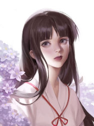 Rule 34 | 1girl, bellflower, black hair, chinese bellflower, closed mouth, flower, ginxiee, highres, inuyasha, japanese clothes, kikyou (inuyasha), lips, long hair, looking afar, miko, name connection, object namesake, portrait, purple flower, red lips, sidelocks, sideways glance, solo, white background