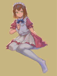 Rule 34 | 1boy, androgynous, baka to test to shoukanjuu, blue bow, bow, brown hair, cup, drawfag, full body, green eyes, hair ornament, hairclip, highres, kinoshita hideyoshi, looking at viewer, maid, male focus, medium hair, pantyhose, pink skirt, short sleeves, simple background, skirt, smile, solo, teacup, trap, white pantyhose, wrist cuffs, yellow background