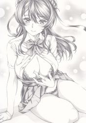 Rule 34 | 1girl, blush, bra, breasts, cleavage, graphite (medium), greyscale, kantai collection, legs, long hair, looking at viewer, mikuro, monochrome, open clothes, open shirt, panties, solo, traditional media, underwear, urakaze (kancolle)