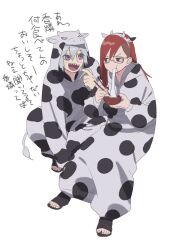 Rule 34 | animal costume, annoyed, blush, boruto: naruto next generations, chopsticks, cow costume, eating, glasses, hoozuki suigetsu, japanese text, karin (naruto), looking at another, naruto (series), open mouth, pointing, pointing at self, purple eyes, red eyes, red hair, sharp teeth, smile, teeth, translated, white hair