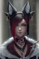 Rule 34 | 1girl, animal ears, black hair, blurry, blurry background, braid, cat ears, choker, chuby mi, earrings, face, facial mark, fake animal ears, final fantasy, final fantasy xiv, fox ears, green eyes, hair ornament, highres, jewelry, lips, looking at viewer, miqo&#039;te, multicolored hair, pendant, red hair, signature, slit pupils, smile, solo, two-tone hair