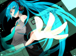 Rule 34 | 1girl, aqua eyes, aqua hair, bad id, bad pixiv id, detached sleeves, display, foreshortening, hatsune miku, headphones, holographic monitor, kamiya ryuu, long hair, monitor, necktie, open mouth, outstretched arm, outstretched hand, skirt, smile, solo, twintails, very long hair, vocaloid