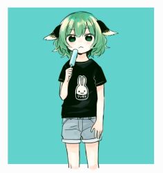 Rule 34 | . ., 1girl, :3, alternate costume, animal ears, animal print, aqua background, arm at side, bad id, bad twitter id, black shirt, border, casual, closed mouth, contemporary, cropped legs, denim, denim shorts, dot nose, eyes visible through hair, feet out of frame, food, green eyes, green hair, grey border, hair between eyes, hand up, holding, holding food, kasodani kyouko, katagiri (mighty swing), lowres, outside border, popsicle, print shirt, rabbit print, shirt, short hair, short sleeves, shorts, simple background, solo, standing, straight-on, t-shirt, touhou, wavy hair