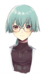 Rule 34 | 1girl, brown eyes, closed mouth, glasses, green hair, looking at viewer, murata tefu, original, portrait, short hair, simple background, smile, solo, turtleneck, white background