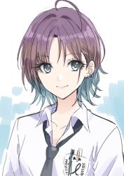 Rule 34 | 1girl, asakura toru, commentary request, earrings, eyelashes, happy, idolmaster, idolmaster shiny colors, jewelry, looking at viewer, necktie, shirt, short hair, sketch, smile, solo, tsukikage oyama, upper body, white shirt
