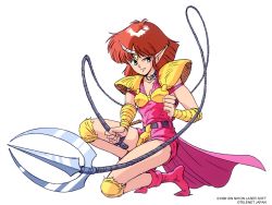 Rule 34 | 1990s (style), 1girl, armor, cham (valis), copyright notice, fang, green eyes, holding, holding whip, horns, medium hair, mugen senshi valis, non-web source, official art, pauldrons, pink footwear, pointy ears, red hair, retro artstyle, shoulder armor, simple background, single horn, solo, squatting, white background