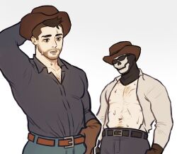 Rule 34 | 2boys, alternate costume, artist request, bara, bare pectorals, beard, call of duty, call of duty: modern warfare 2, chest hair, collared shirt, cowboy hat, cowboy western, facial hair, ghost (modern warfare 2), gloves, hat, highres, large pectorals, leather, leather gloves, male focus, mask, mature male, multiple boys, muscular, muscular male, navel, navel hair, nipples, open clothes, open shirt, pectorals, shirt, short hair, sideburns, skull mask, soap (modern warfare 2), stomach, sunglasses, sweat, undercut, white background