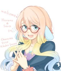 Rule 34 | 1girl, blonde hair, blue eyes, character name, english text, fingers together, flying sweatdrops, glasses, gradient hair, haruno sora, jewelry, looking at viewer, mole, mole under mouth, multicolored hair, necklace, scrunchie, shawl, simple background, solo, vocaloid, voiceroid, white background