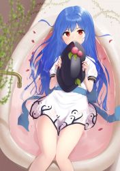 Rule 34 | 1girl, absurdres, bathtub, blue hair, blurry, blurry foreground, blush, clothes between thighs, commentary, covering chest, covering own mouth, covering privates, depth of field, dress, faucet, feet out of frame, fern, food, from above, fruit, hat, highres, hinanawi tenshi, holding, holding clothes, holding hat, kanpa (campagne 9), knees together feet apart, leaf, legs together, long hair, lying, no pants, on back, partially submerged, peach, petals, puffy short sleeves, puffy sleeves, red eyes, rose petals, sash, short sleeves, solo, touhou, unworn hat, unworn headwear, very long hair, wet, wet clothes, wet hair, white dress