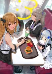Rule 34 | 3girls, 404 (girls&#039; frontline), :3, :d, aged down, alternate costume, apron, black apron, black dress, black footwear, black shorts, blunt bangs, blush, boots, brand name imitation, brown eyes, brown hair, burger, commentary, covered mouth, cup, dress, facial mark, food, french fries, girls&#039; frontline, green eyes, grey hair, hair between eyes, hair ornament, hairband, hairclip, hat, hews, highres, hk416 (black kitty&#039;s gift) (girls&#039; frontline), hk416 (girls&#039; frontline), holding, holding cup, holding stuffed toy, indoors, long hair, looking at viewer, mini hat, multiple girls, official alternate costume, one side up, open mouth, purple hairband, purple headwear, purple neckwear, ribbon, scar, scar across eye, scar on face, shirt, shorts, sitting, sleeveless, sleeveless shirt, smile, stuffed toy, suspender shorts, suspenders, table, teardrop, tearing up, twintails, ump45 (agent lop rabbit) (girls&#039; frontline), ump45 (girls&#039; frontline), ump9 (girls&#039; frontline), ump9 (shiba investigator) (girls&#039; frontline), very long hair, white dress, white shirt