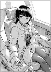 Rule 34 | 1boy, 1girl, blunt bangs, blush, car interior, closed mouth, clothes lift, corset, female pubic hair, fingernails, fur trim, garter straps, gokou ruri, greyscale, highres, hime cut, holding hands, hood, hood down, hooded jacket, jacket, legs together, lifting own clothes, long sleeves, looking at viewer, mole, mole under eye, monochrome, mushi024, no panties, non-web source, open clothes, open jacket, ore no imouto ga konna ni kawaii wake ga nai, pubic hair, seductive smile, signature, sitting, skirt, skirt lift, smile, solo focus, thighhighs, vehicle interior