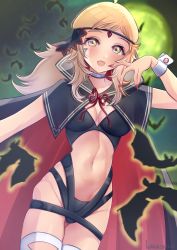 Rule 34 | 1girl, :d, absurdres, ahoge, alternate costume, animal, bat (animal), blonde hair, blush, breasts, commission, commissioner upload, cosplay, crossover, fingernails, fire emblem, fire emblem fates, full moon, gogat8, halloween, halloween costume, hand up, highres, long hair, looking at viewer, looking to the side, midriff, moon, nail polish, nakoruru, nakoruru (cosplay), navel, nintendo, open mouth, ophelia (fire emblem), red nails, samurai spirits, skeb commission, smile, snk heroines: tag team frenzy, solo, stomach, wrist cuffs, yellow eyes