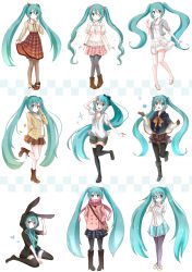 Rule 34 | 6+girls, animal hood, aqua eyes, aqua hair, arm up, bad id, bad pixiv id, bespectacled, blush, boots, rabbit hood, dress, earmuffs, glasses, gloves, hands in pockets, hatsune miku, highres, hood, knee boots, long hair, multiple girls, one eye closed, open mouth, pantyhose, pigeon-toed, ponytail, sandals, scarf, shorts, sitting, skirt, smile, snowmi, standing, standing on one leg, thighhighs, twintails, very long hair, vocaloid, wariza