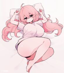 Rule 34 | 1girl, ahoge, aliceyawnin, arms up, barefoot, bed, bed sheet, blush, breasts, brown eyes, closed mouth, depressed, empty eyes, highres, huge breasts, lying, messy hair, on bed, original, pillow, shirt, sidelocks, simple background, solo, thick thighs, thighs, twintails, white background, white shirt