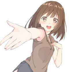 Rule 34 | 1girl, :d, armpit peek, black shorts, blush, brown eyes, brown hair, commentary, eyebrows, foreshortening, highres, hood, hoodie, kyoo-kyon (kyo-kyon), looking at viewer, matching hair/eyes, open hand, open mouth, original, outstretched arm, outstretched hand, short hair, short sleeves, shorts, simple background, smile, solo, sweater, teeth, upper body, white background, yuki arare