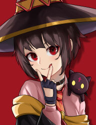 Rule 34 | 1girl, absurdres, black gloves, black robe, brown hair, cat, chomusuke, closed mouth, collar, diagonal-striped clothes, diagonal-striped necktie, dress, fingerless gloves, gloves, hand up, hat, highres, kono subarashii sekai ni shukufuku wo!, long sleeves, looking at viewer, lyourika, megumin, necktie, orange necktie, pink shirt, red background, red dress, red necktie, red prison magic school uniform, robe, school uniform, shirt, short hair, short hair with long locks, simple background, striped clothes, tongue, tongue out, two-tone necktie, v, witch hat