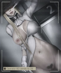 Rule 34 | 1girl, blonde hair, blush, bottomless, breasts, censored, clothing aside, cowboy shot, dress, dress aside, dutch angle, female pubic hair, gloves, heart-shaped pubic hair, censored, inverted nipples, large breasts, limgae, long hair, medium breasts, mosaic censoring, navel, nier:automata, nier (series), nipples, no panties, one breast out, opened by self, parted lips, pubic hair, reaching, reaching towards viewer, scanlines, shaped pubic hair, solo, viewfinder, white gloves, commander (nier:automata)
