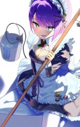 Rule 34 | 1girl, breasts, broom, bucket, bucket of water, cleavage, commentary, demon girl, demon tail, ear piercing, green eyes, hair ornament, highres, hololive, long sleeves, looking at viewer, maid, open mouth, pantyhose, piercing, purple hair, pyytato, short hair, simple background, smile, solo, tail, tokoyami towa, virtual youtuber, white background