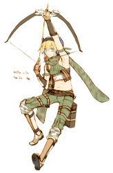 Rule 34 | 1boy, arm up, armpits, arrow (projectile), belt, black hairband, blonde hair, blue eyes, boots, bow (weapon), brown belt, brown footwear, brown gloves, camouflage, camouflage scarf, camouflage shorts, commentary request, crop top, fingerless gloves, full body, gloves, green scarf, green shirt, green shorts, grin, hair between eyes, hairband, holding, holding bow (weapon), holding weapon, kusabi (aighe), long bangs, looking at viewer, male focus, midriff, navel, pouch, ragnarok online, ranger (ragnarok online), scarf, shirt, short hair, shorts, simple background, sleeveless, sleeveless shirt, smile, solo, weapon, white background
