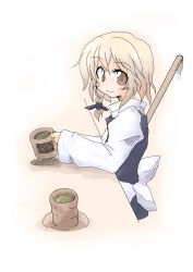 Rule 34 | 1girl, animal print, apron, blonde hair, blush, bow, braid, broom, brown eyes, brown hair, cat print, closed mouth, cup, drink, eyebrows, female focus, from side, hair bow, happy go lucky, highres, kirisame marisa, long sleeves, looking at viewer, mug, no headwear, no nose, saucer, shirt, single braid, sitting, smile, solo, table, touhou, turtleneck, vest, waist apron, white shirt, wide sleeves, yunomi, yuuhi alpha