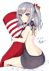 Rule 34 | 10s, 1girl, 2017, alternate costume, artist name, ass, backless dress, backless outfit, bad id, bad pixiv id, bare back, bare shoulders, bed sheet, blue eyes, blush, breasts, butt crack, closed mouth, dakimakura (object), dated, dress, duuwa (doluwa), fingernails, from behind, halterneck, holding, holding pillow, kantai collection, kashima (kancolle), long fingernails, looking at viewer, looking back, medium breasts, meme attire, naked sweater, no headwear, hugging object, on bed, pillow, pillow hug, ribbed sweater, ribbon, sideboob, signature, silver hair, simple background, sitting, solo, sweater, sweater dress, turtleneck, turtleneck sweater, virgin killer sweater, wavy hair, white background
