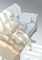Rule 34 | 2girls, ^ ^, absurdres, animal ears, arknights, bear ears, book, chinese commentary, closed eyes, commentary request, couch, dated, feet out of frame, gradient background, grey background, highres, holding, holding book, istina (arknights), lap pillow, long hair, long sleeves, lying, miniskirt, monocle, multiple girls, no headwear, on back, pillow, sailor collar, school uniform, serafuku, signature, sitting, skirt, sleeping, slippers, spot color, sweater, ya kexi, zima (arknights)