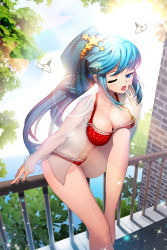 Rule 34 | 1girl, ;o, against railing, aurora (devil maker), bare legs, barefoot, bird, blue eyes, blue hair, bra, breasts, cleavage, devil maker, hair ornament, hand to own mouth, highres, large breasts, leaning forward, leg up, lens flare, long hair, matching hair/eyes, one eye closed, open clothes, open shirt, panties, ponytail, railing, red bra, red panties, rheez, see-through, shirt, sitting, solo, sparkle, star (symbol), star hair ornament, sunlight, swept bangs, tears, underwear, very long hair, yawning