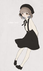 Rule 34 | 1girl, absurdres, arms behind back, beret, black footwear, black hat, black ribbon, black skirt, blush, brown eyes, brown hair, character name, collared shirt, colored inner hair, commentary, dress shirt, full body, grey background, grey hair, hair ribbon, hat, hatoba tsugu, heel up, highres, keishi (trap), leaning forward, light smile, loafers, long sleeves, looking at viewer, medium hair, mole, mole under eye, multicolored hair, neck ribbon, open mouth, pantyhose, ribbon, shirt, shirt tucked in, shoes, simple background, single hair ring, skirt, solo, suspender skirt, suspenders, toes up, tsugu (vtuber), virtual youtuber, white pantyhose, white shirt