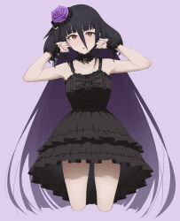 Rule 34 | 1girl, absurdres, black dress, black hair, breasts, detached collar, dress, expressionless, flower, frilled dress, frilled wristband, frills, fukayama (0ppaityuki), hair between eyes, hair ornament, highres, long hair, looking at viewer, medium breasts, red eyes, solo, standing, very long hair, wristband, yamada tae, zombie land saga