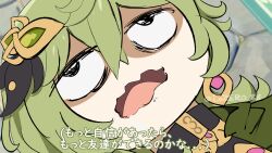 Rule 34 | 1girl, artist name, black eyes, bocchi the rock!, collei (genshin impact), drooling, earrings, genshin impact, green hair, hair between eyes, hair ornament, highres, jewelry, lezero, parody, scene reference, translation request, wavy mouth