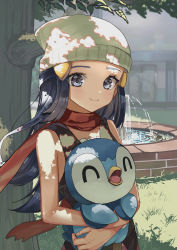 Rule 34 | 1girl, bare arms, beanie, black hair, blush, closed mouth, creatures (company), dawn (pokemon), day, eyelashes, fountain, game freak, gen 4 pokemon, grass, grey eyes, hat, highres, holding, holding pokemon, long hair, looking at viewer, nintendo, outdoors, piplup, pokemon, pokemon (creature), pokemon dppt, red scarf, scarf, shiinamirin, sleeveless, smile, tree, water, white headwear