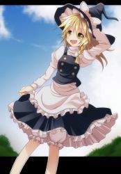 Rule 34 | 1girl, apron, bad id, bad pixiv id, black dress, blonde hair, bloomers, blue sky, braid, cloud, day, dress, female focus, hair ribbon, hand on headwear, hat, hat ribbon, highres, kirisame marisa, letterboxed, open mouth, ribbon, sky, smile, solo, touhou, tsukishiro saika, underwear, witch, witch hat, yellow eyes