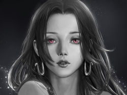 Rule 34 | 1girl, black background, black hair, boa hancock, earrings, eyelashes, greyscale, jewelry, kdash, light particles, lips, long hair, looking at viewer, monochrome, one piece, parted lips, pink eyes, portrait, realistic, snake earrings, solo, spot color