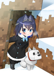 Rule 34 | 1girl, :o, absurdres, black footwear, black hair, black jacket, black pants, blue bow, blue eyes, blush, boots, bow, breasts, chain, chibi, collateral damage studios, fur trim, hair intakes, highres, hololive, hololive english, jacket, looking to the side, medium breasts, minecraft, open mouth, ouro kronii, pants, snow, solo, virtual youtuber, waha (artist), wolf (minecraft)