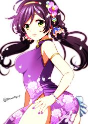 Rule 34 | 10s, 1girl, alternate costume, bad id, bad pixiv id, braid, breasts, china dress, chinese clothes, dress, fingernails, floral print, flower, green eyes, hair flower, hair ornament, hairband, large breasts, lips, long hair, looking at viewer, love live!, love live! school idol festival, love live! school idol project, nail polish, petals, purple hair, purple nails, sacchan (hn0816), simple background, solo, tojo nozomi, twin braids, twintails, twitter username, white background