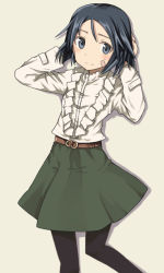 Rule 34 | 1girl, alternate costume, arms behind head, arms up, bandaid, bandaid on face, belt, black eyes, black hair, blush, brave witches, casual, embarrassed, frilled shirt, frills, frown, kanno naoe, morita (mmmoritannn), pantyhose, shirt, simple background, skirt, solo, sweatdrop, world witches series
