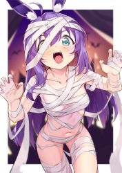 Rule 34 | 1girl, absurdres, ahoge, animal ear fluff, animal ears, bandages, bare shoulders, blurry, blurry background, blush, border, claw pose, collarbone, cowboy shot, fake animal ears, fangs, hands up, highres, idolmaster, idolmaster million live!, long hair, looking at viewer, midriff, mochizuki anna, naked bandage, navel, open mouth, outside border, rabbit ears, scar, shennai misha, sidelocks, solo, standing, thighs