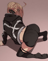 Rule 34 | 1girl, ahoge, all fours, artoria pendragon (fate), ass, bent over, black thighhighs, braid, fate/grand order, fate (series), french braid, from above, fu-ta, glasses, hair ribbon, hood, hood down, hooded jacket, hoodie, jacket, long sleeves, mysterious heroine x alter (fate), mysterious heroine x alter (second ascension) (fate), ribbon, solo, thigh strap, thighhighs