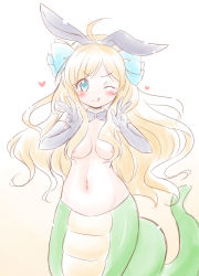 Rule 34 | 1girl, ;q, ahoge, animal ears, areola slip, black bow, black bowtie, black gloves, blonde hair, blue bow, blue eyes, blush, bow, bowtie, breasts, brown background, bunny day, closed mouth, collar, commentary request, detached collar, double w, elbow gloves, fake animal ears, gloves, gradient background, hair bow, hairband, hands up, heart, highres, jashin-chan, jashin-chan dropkick, lamia, long hair, medium breasts, meme attire, monster girl, muu rian, navel, one eye closed, parted bangs, rabbit ears, reverse bunnysuit, reverse outfit, smile, solo, tongue, tongue out, v-shaped eyebrows, very long hair, w, white background, white collar, white hairband, wing collar