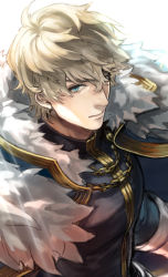 Rule 34 | 1boy, armor, black gloves, blonde hair, blue cape, blue eyes, cape, collared cape, excalibur galatine (fate), fate/extra, fate/grand order, fate (series), fur collar, gauntlets, gawain (fate), gloves, izumi shino, knight, knights of the round table (fate), long sleeves, looking at viewer, male focus, short hair, simple background, solo, upper body, white background