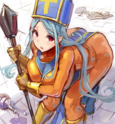 Rule 34 | 1girl, :o, bent over, blue hair, bodysuit, breasts, dragon quest, dragon quest iii, gloves, hat, kazo (kazozakazo), large breasts, long hair, looking at viewer, mitre, orange bodysuit, priest (dq3), red eyes, solo, spill, yellow gloves