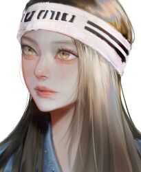 Rule 34 | 1girl, blue jacket, blush, brown eyes, brown hair, doha (8 hf1j), haerin (newjeans), headband, highres, jacket, k-pop, korean commentary, long hair, looking up, making-of available, newjeans, pink headband, portrait, real life, solo, white background