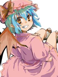 Rule 34 | 1girl, blue hair, female focus, grin, hat, kuzumiya yuyu, remilia scarlet, ribbon, short hair, simple background, skirt, smile, solo, touhou, white background, wings, yellow eyes