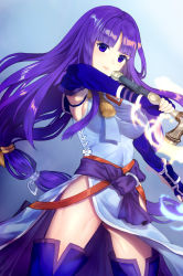 Rule 34 | 1girl, alondite, altina (fire emblem), arm guards, armor, armpits, bare shoulders, blue background, blue eyes, blue gloves, boots, breasts, covered navel, dress, expressionless, fingerless gloves, fire emblem, fire emblem: radiant dawn, fire emblem heroes, gloves, glowing, glowing sword, glowing weapon, highres, holding, holding sword, holding weapon, jurge, long hair, looking at viewer, nintendo, pelvic curtain, purple hair, ragnell, shoulder armor, side slit, sideboob, simple background, sleeveless, sleeveless dress, solo, sword, thighhighs, tight dress, very long hair, weapon, zettai ryouiki