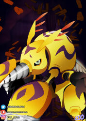 Rule 34 | 1other, digimon, digimon (creature), digmon, drill, exoskeleton, green eyes, highres, other focus, solo, wings