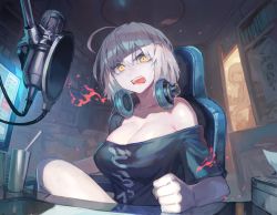 Rule 34 | 3girls, :d, ^ ^, ahoge, bare shoulders, breasts, chair, cleavage, closed eyes, cup, drinking straw, fate/grand order, fate (series), fire, headphones, headphones around neck, highres, jeanne d&#039;arc (fate), jeanne d&#039;arc alter (fate), jeanne d&#039;arc alter santa lily (fate), lack, large breasts, livestream, looking at viewer, microphone, monitor, multiple girls, off-shoulder shirt, off shoulder, open mouth, pale skin, shirt, short hair, sitting, smile, teeth, tissue box, white hair, yellow eyes